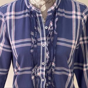 HOLLISTER Blouse Girls blue white pink plaid ruffle long sleeve